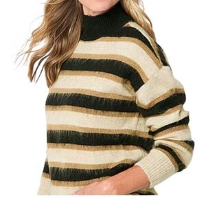 Liz Claiborne XL Fuzzy Wool Blend Striped Mock Neck Sweater Neutral Cozy